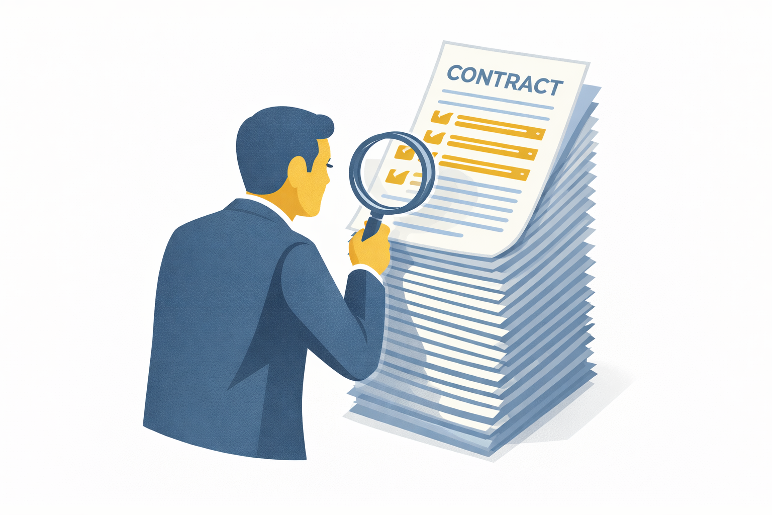 A professional examining a stack of contracts with a magnifying glass, highlighting hidden fee line items