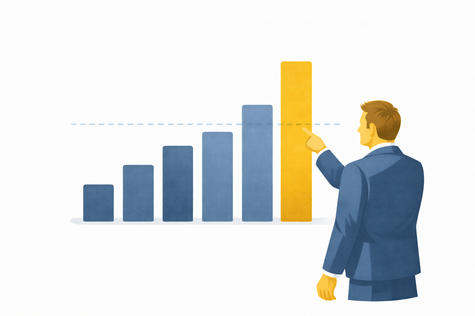 A professional pointing at a horizontal bar chart where the tallest bar is highlighted in gold against a dashed benchmark line