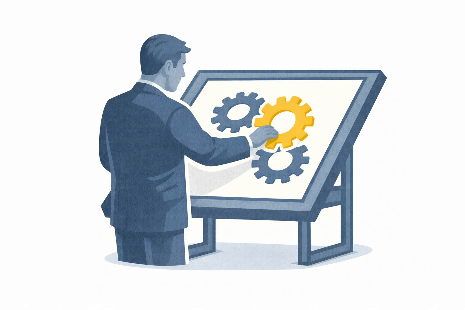 A professional at a drafting surface arranging three interlocking gears, with the center gear highlighted in gold