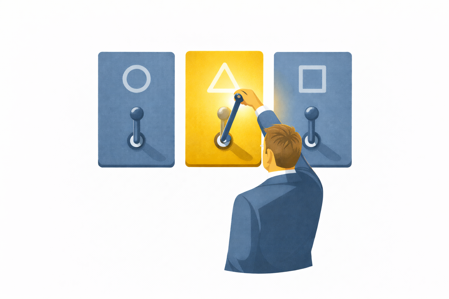 A professional switching a lever from one panel to another across a three-panel switchboard