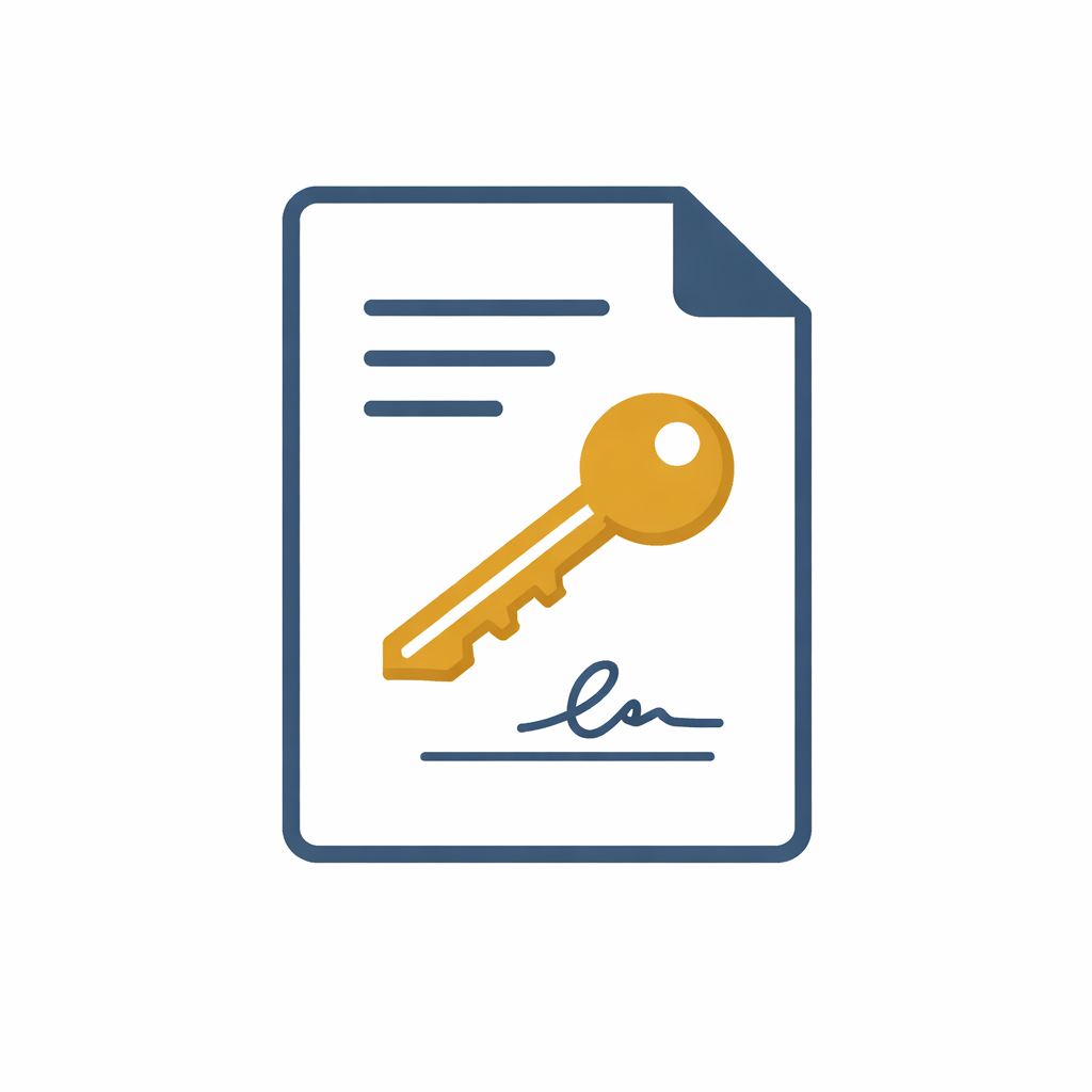 A key on top of a signed document, representing ownership of the plan design and data